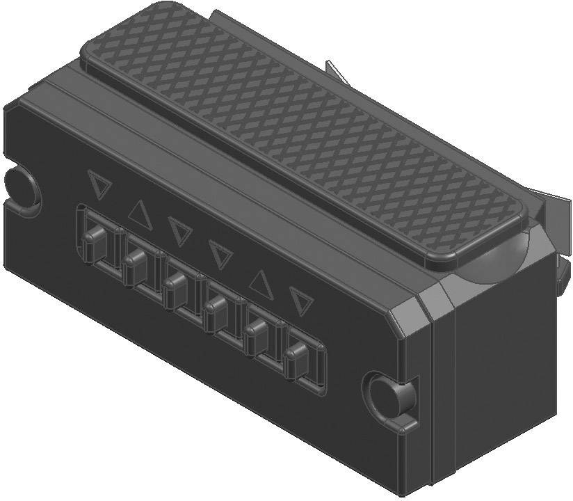 Schwarz-weißes technisches Diagramm eines rechteckigen Steckverbinders mit mehreren Anschlüssen, geometrischen Markierungen und strukturierter Oberfläche.