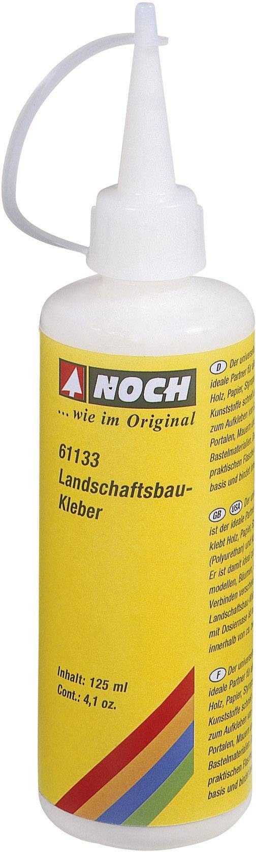 Gelbe Flasche mit spitzem Deckel, beschriftet 'NOCH Landschaftsbau-Kleber'. Inhalt: 125 ml.
