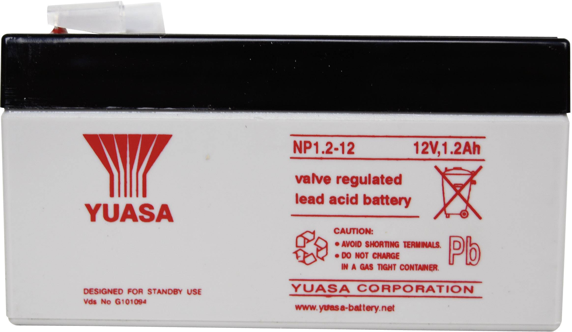 'YUASA'-Batterie, Modell NP1.2-12, 12V, 1,2Ah. Hinweis auf ventilgeregelte Blei-Säure-Batterie. Warnungen: Pole nicht kurzschließen, nicht ins Feuer werfen.