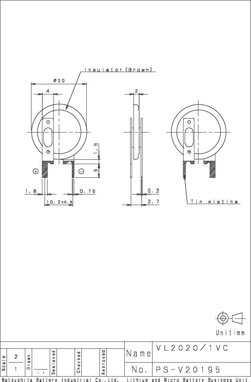 Technische Zeichnung einer Batteriezelle mit Vorder-, Seiten- und Detailansicht. Abmessungen und Notizen zum Isolator und Zinnbeschichtung.