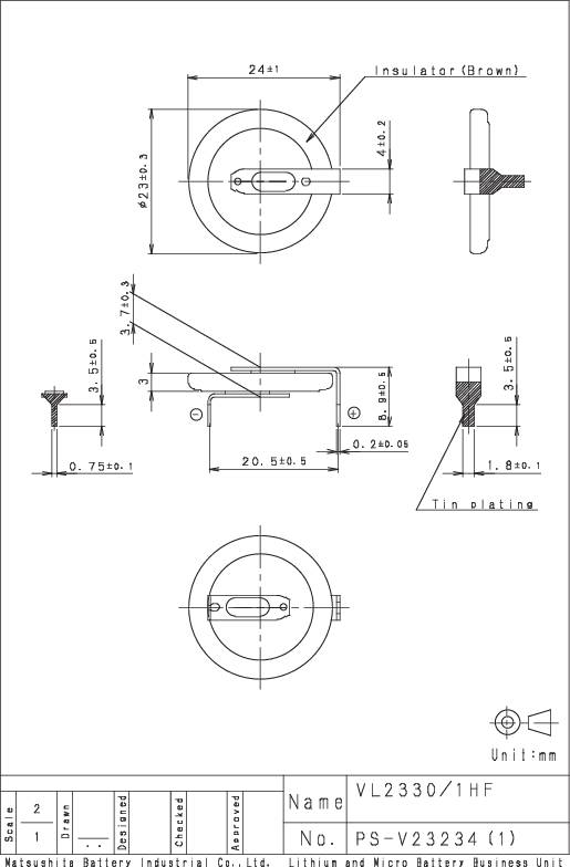 Technische Zeichnung eines Isolators mit Maßen in Millimetern. Oben: Draufsicht, Seitenansicht und Detailansicht einer Schraube. Unten: Modellname und -nummer.