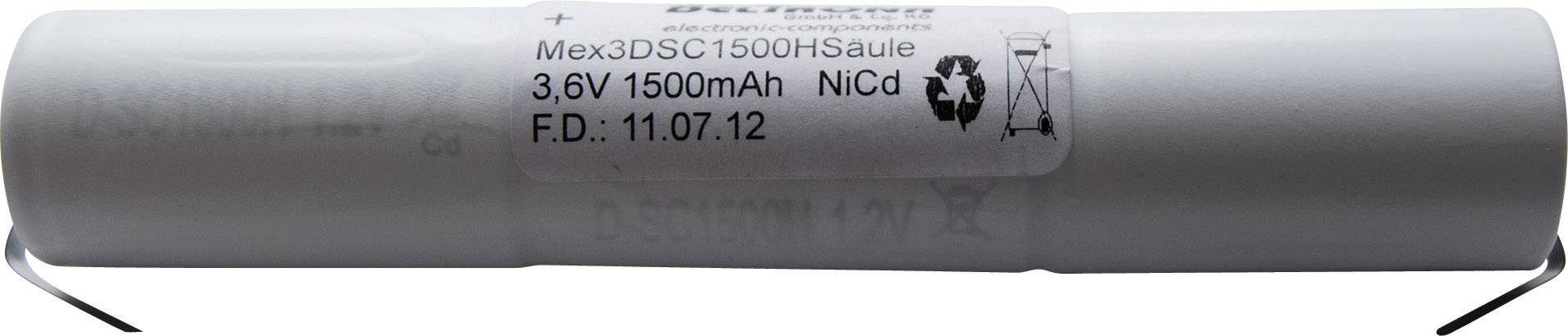 Zylindrische Batterie mit Aufschrift: 'Mex3DSC1500HS', Kapazität 3,6V 1500mAh, Typ NiCd, Produktionsdatum 11.07.12.