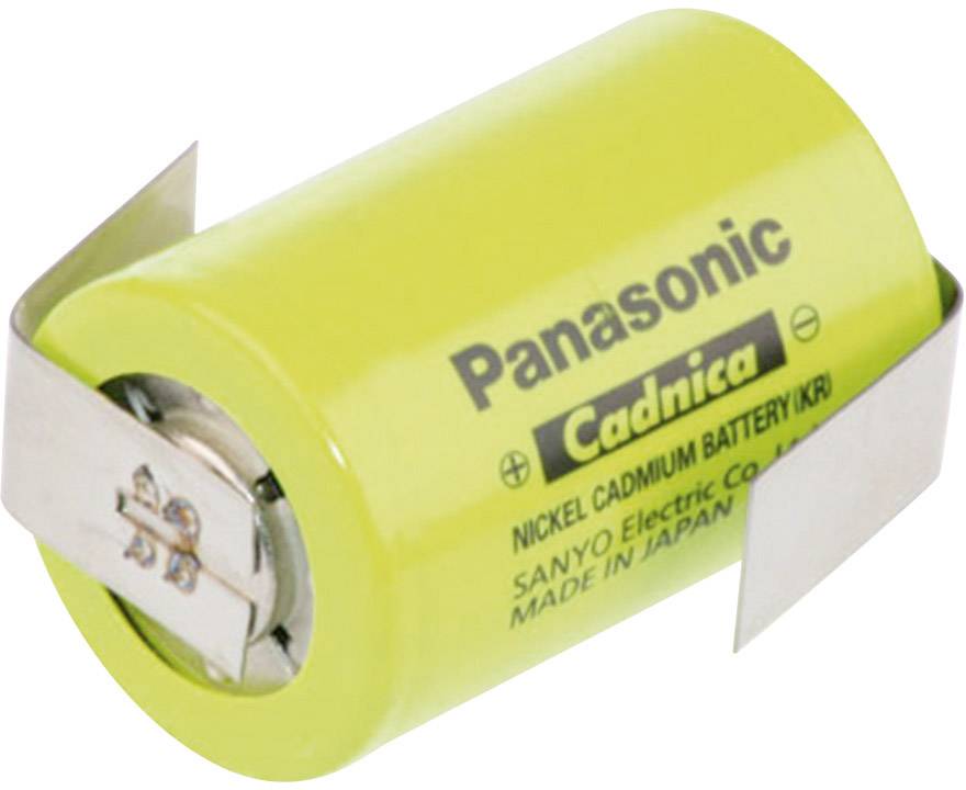 Eine gelbe Nickel-Cadmium-Batterie mit der Aufschrift 'Panasonic Cadnica'. Hergestellt von Sanyo Electric Co., Japan.