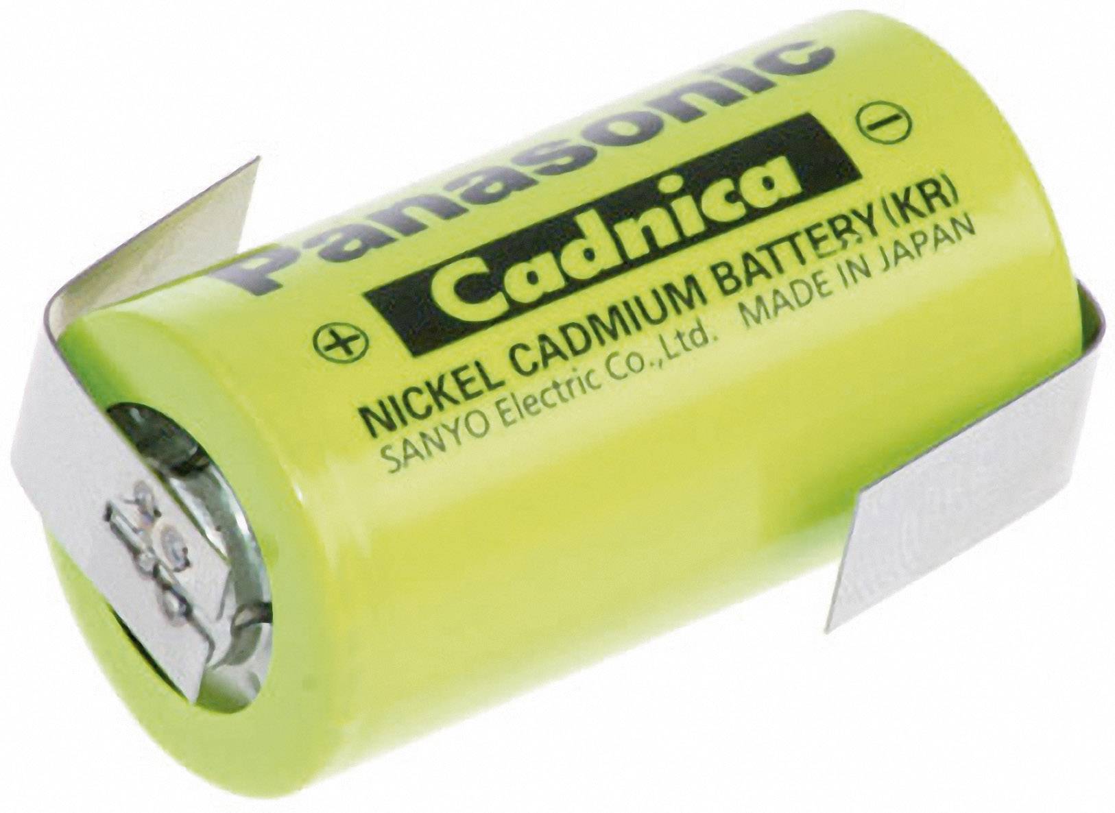 Grüne Panasonic Nickel-Cadmium-Batterie mit gelbem Etikett und silbernen Kontakten, hergestellt in Japan.