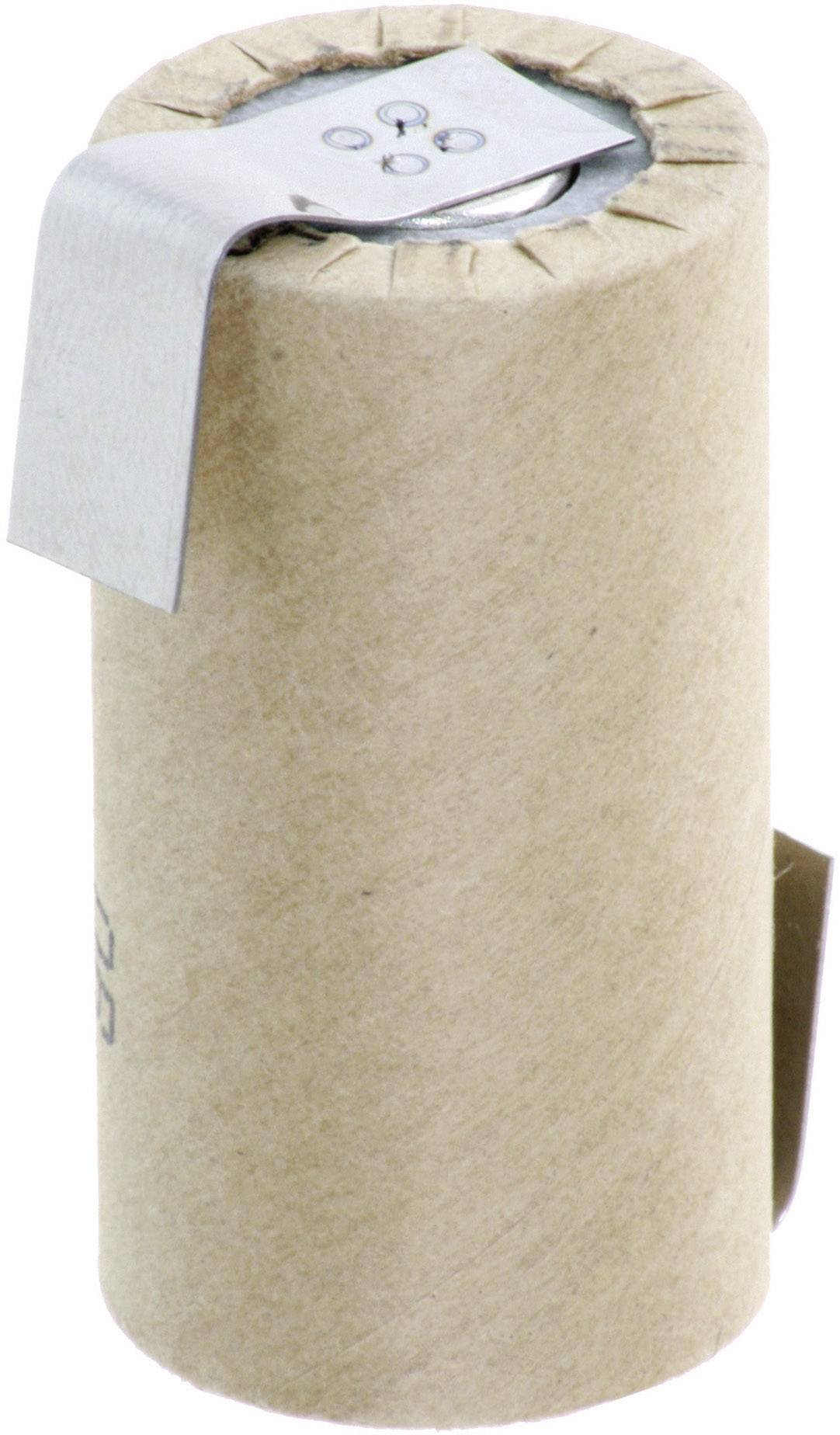 Zylindrische Batterie in braunem Kartongehäuse mit Metallverbindern oben.