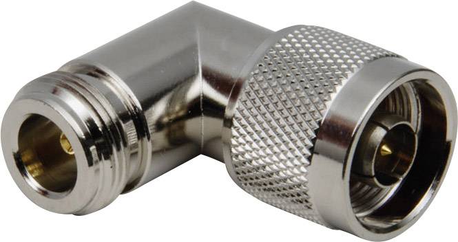 Ein metallischer 90-Grad-Adapter mit gerändeltem Griff, geeignet zum Verbinden von Kabeln in elektronischen Geräten.