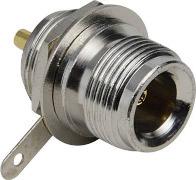 Metallischer Koaxialstecker mit Gewinde und Lötfahne, geeignet für Hochfrequenzverbindungen; glänzende, silberne Oberfläche.