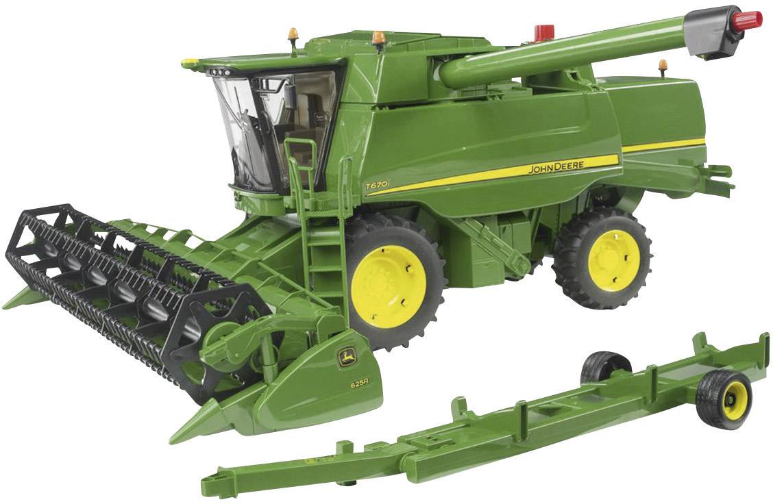 Grüner Mähdrescher mit gelben Rädern und entfernter Schneidwerk-Führungshilfe. Hauptmerkmal: Landwirtschaftsfahrzeugmodell.