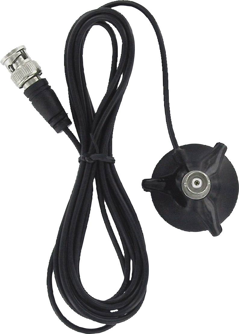 Schwarze Kabelrolle mit BNC-Stecker und Saugnapf. Möglicherweise für technische Anwendungen oder Antennenbefestigung.