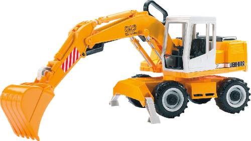Ein orangefarbener Spielzeugbagger mit beweglichem Arm und Schaufel. Der Bagger hat vier Räder und eine weiße Fahrerkabine.