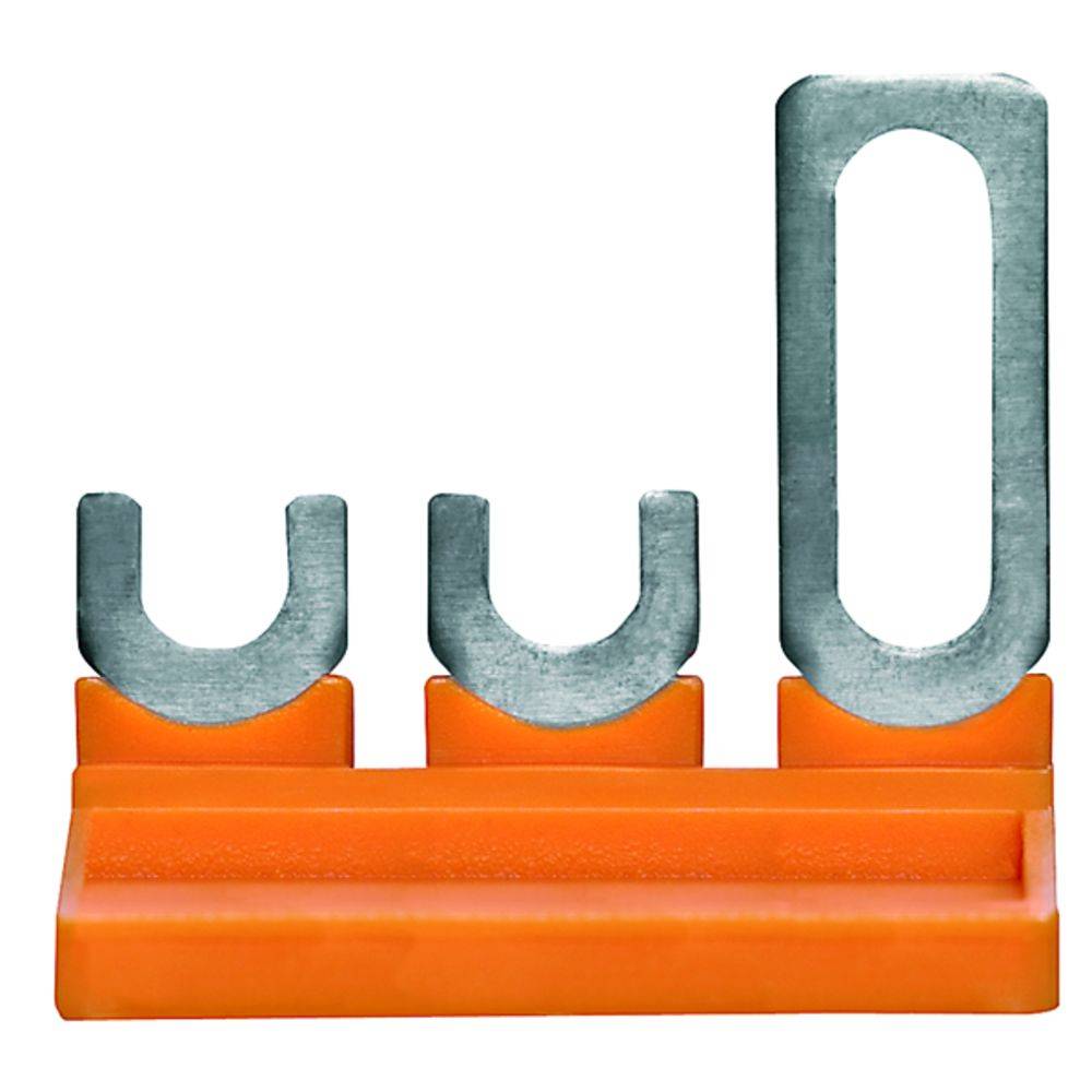 Oranger Plastikhalter mit drei Metallklemmen in U-Form. Die Klemmen sind vertikal angeordnet und dienen zur Befestigung von Werkzeugen.