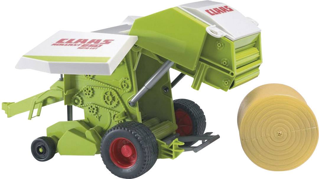 Spielzeugmodell einer CLAAS-Ballenpresse in Grün und Weiß mit rotem Logo. Enthält abnehmbaren Heuballen als Zubehör.