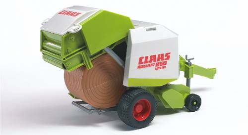 Spielzeugmodell einer Claas Rollant 250 Rundballenpresse in hellgrün und weiß, zeigt eine Heuballenladung, auf einer weißen Fläche.