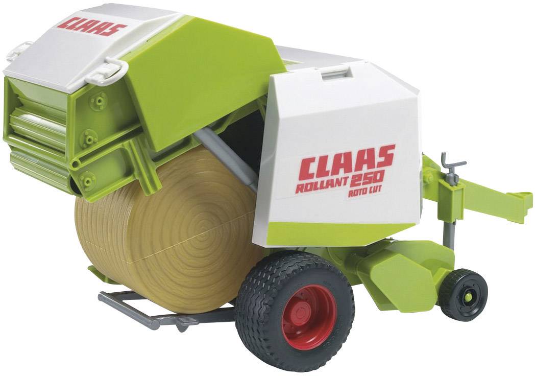 Spielzeugmodell eines Traktors mit einem Roto-Ballen, hauptsächlich in grün und weiß, mit der Aufschrift 'CLAAS Rollant 250'.