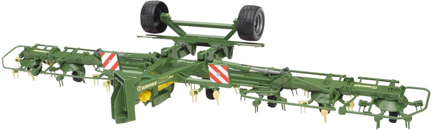 Grüner landwirtschaftlicher Heuwender mit mehreren Rotorscheiben und transportierten Stützrädern.