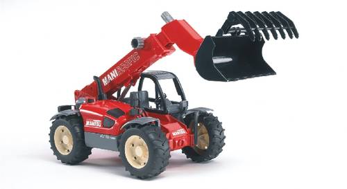 Ein roter Spielzeug-Bagger mit beweglichem Arm und Schaufel, dargestellt auf weißem Hintergrund.