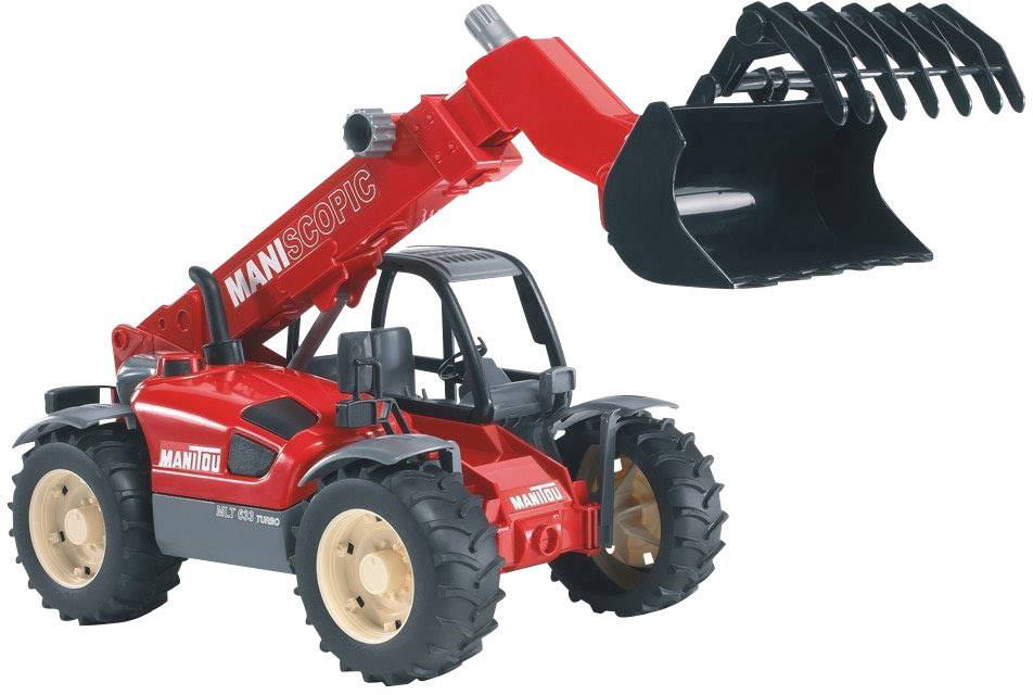 Ein rotes Modell eines Teleskopladers mit großem Hebearm und Schaufel, auf grobstolligen Reifen; markiert mit 'MANITOU'.