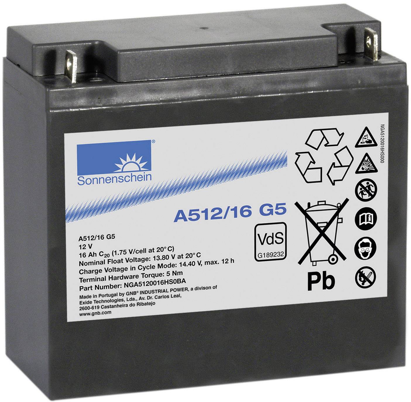 GNB Sonnenschein A512/16 G5 NGA5120016HS0BA Bleiakku 12 V 16 Ah Blei-Gel (B x H x T) 181 x 167 x 76 mm M5-Schraubanschluss Wartungsfrei
