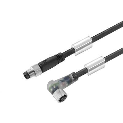 Zwei schwarze Steckverbinderkabel mit silbernen Metallelementen, eines mit geradem Stecker, das andere mit rechtwinkligem Stecker.
