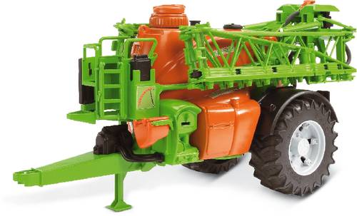 Ein Modell eines landwirtschaftlichen Pflanzenschutzspritzen-Anhängers in Grün und Orange mit großen schwarzen Reifen.