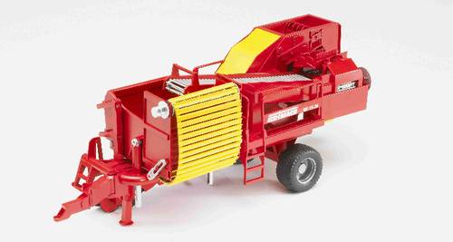 Eine rote landwirtschaftliche Maschine mit gelben Elementen, die zum Ernten oder Verarbeiten von Pflanzen verwendet wird, auf weißem Hintergrund.