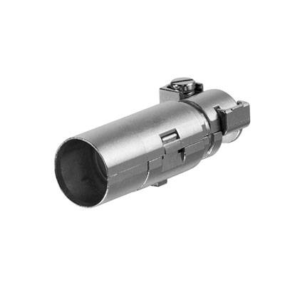 Ein zylindrischer Metallaufsatz mit Befestigungsklemme; möglicherweise Teil eines technischen oder mechanischen Geräts.