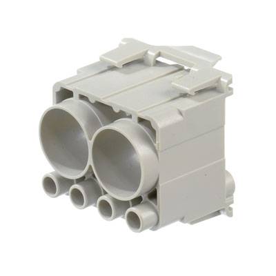 Ein grauer Kunststoff-Kabelverbinder mit mehreren runden Öffnungen zur Aufnahme von Kabeln, dargestellt von der Seite.