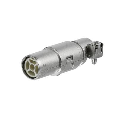 Ein Metallteil mit zylindrischer Form und Schraube, möglicherweise ein Verbindungselement oder Adapter für technische Anwendungen.