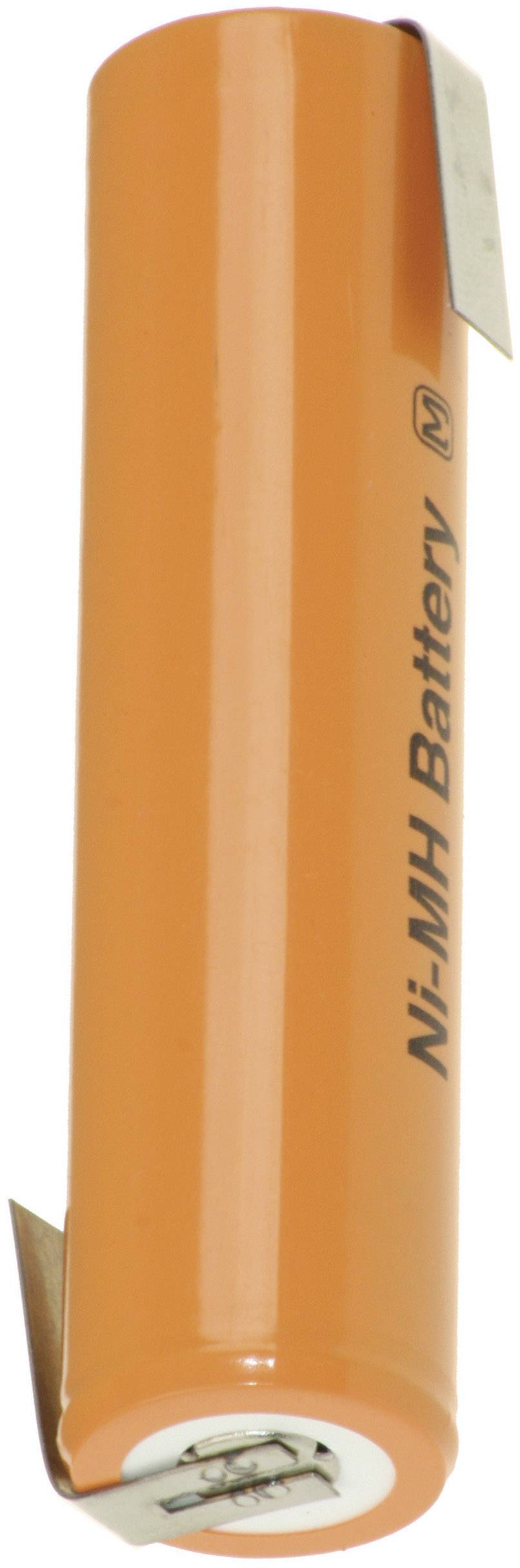 Oranger Nickel-Metallhydrid-Akku (Ni-MH) mit metallischen Anschlüssen, zylindrisch geformt, für elektronische Geräte.