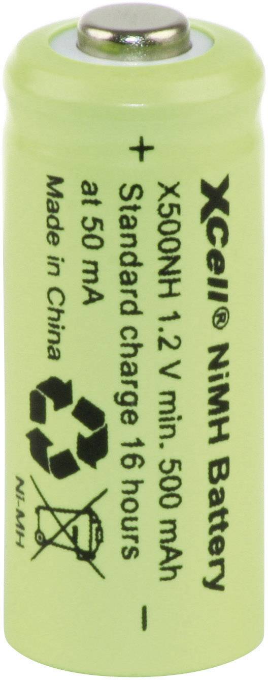 Grüne NiMH-Batterie mit Aufschrift 'XCell 1,2V 500mAh'. Angezeigt sind Ladeanleitung, Kapazität, Herkunftsland und Recycling-Symbol.