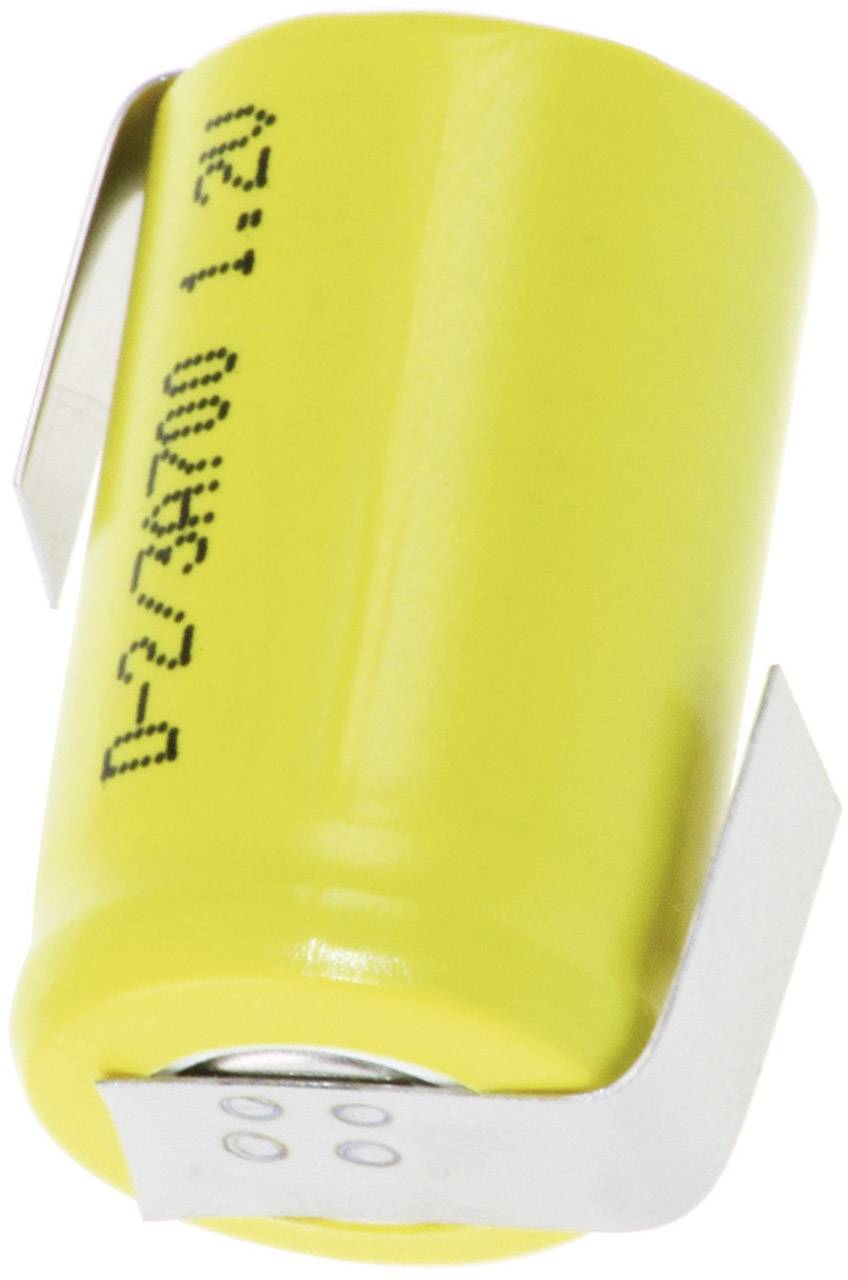 Eine gelbe, zylindrische Batterie mit metallischen Kontakten, auf der schwarze Zahlen gedruckt sind.