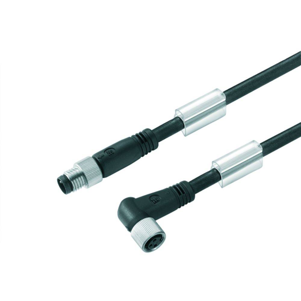 Zwei schwarze M12-Kabel, ineinander steckend, mit silbernen Verschraubungen. Eines ist gerade, das andere hat einen 90-Grad-Winkel.