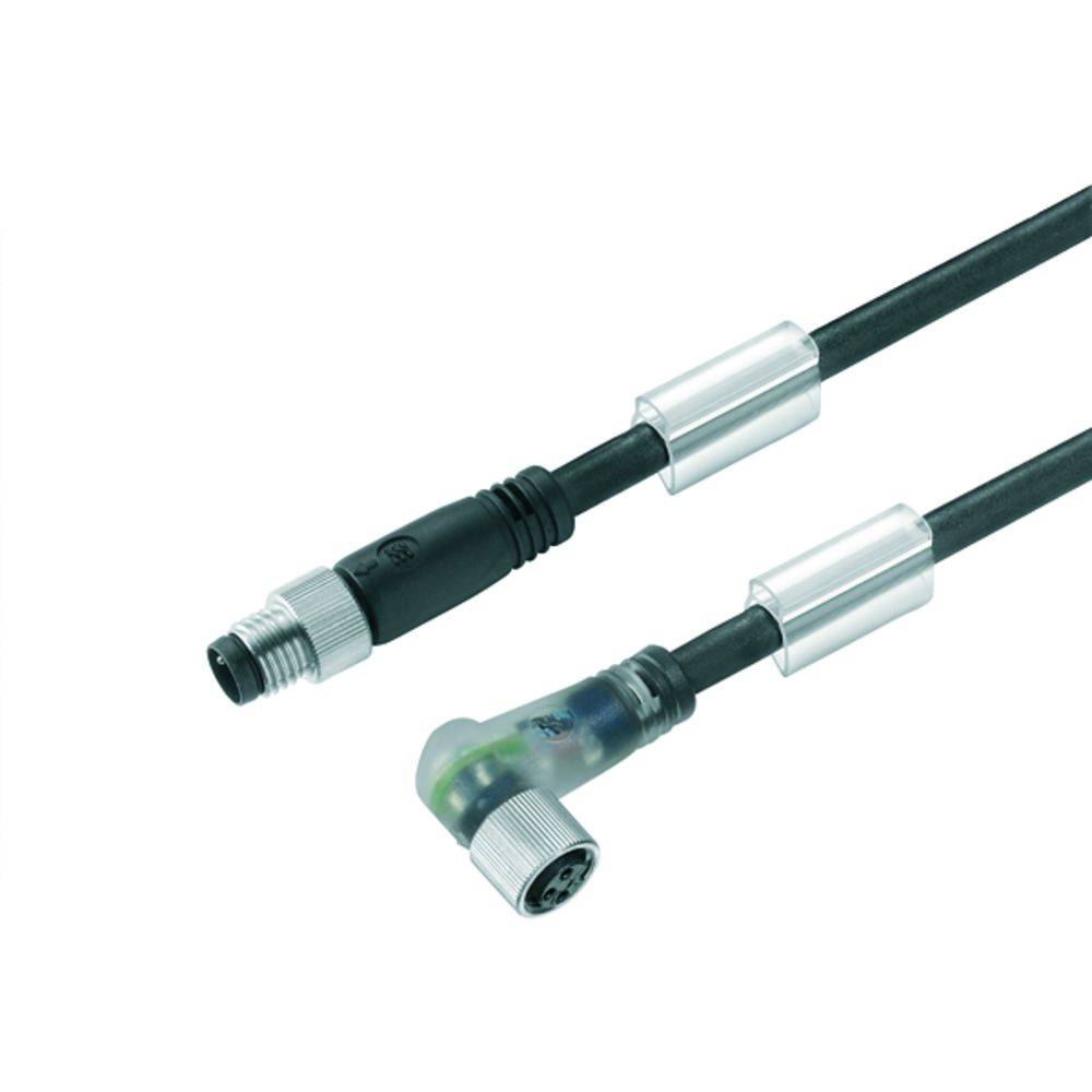 Ein schwarzes und silbernes Anschlusskabel mit einem rechtwinkligen und einem geraden Steckerende, geeignet für industrielle Anwendungen.