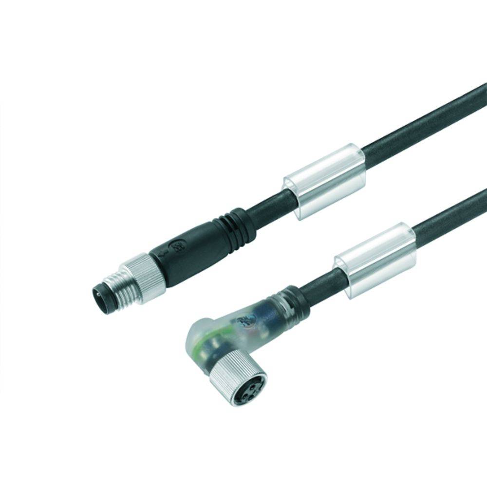 Zwei M8-Steckverbinder mit schwarzen Kabeln, einer gerade, einer mit Winkelausgang, verwenden Sensorleitungen für industrielle Anwendungen.