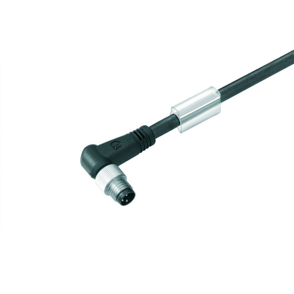 Ein schwarzes Kabel mit einem abgewinkelten Anschluss-Stecker und einem Metallkontakt, geeignet für elektrische Verbindungen.