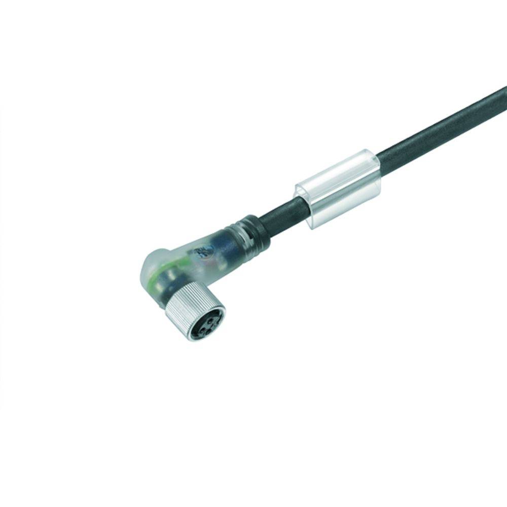 Ein abgewinkelter, schwarzer elektrischer Kabelstecker mit silberner Metallverbindung. Hauptsächlich für Maschinenbauanwendungen verwendet.