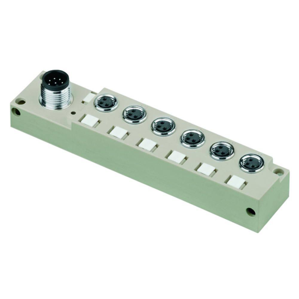 Ein rechteckiges elektronisches Modulpanel mit mehreren runden Steckverbindungen und einem Kabelanschluss an der linken Seite.