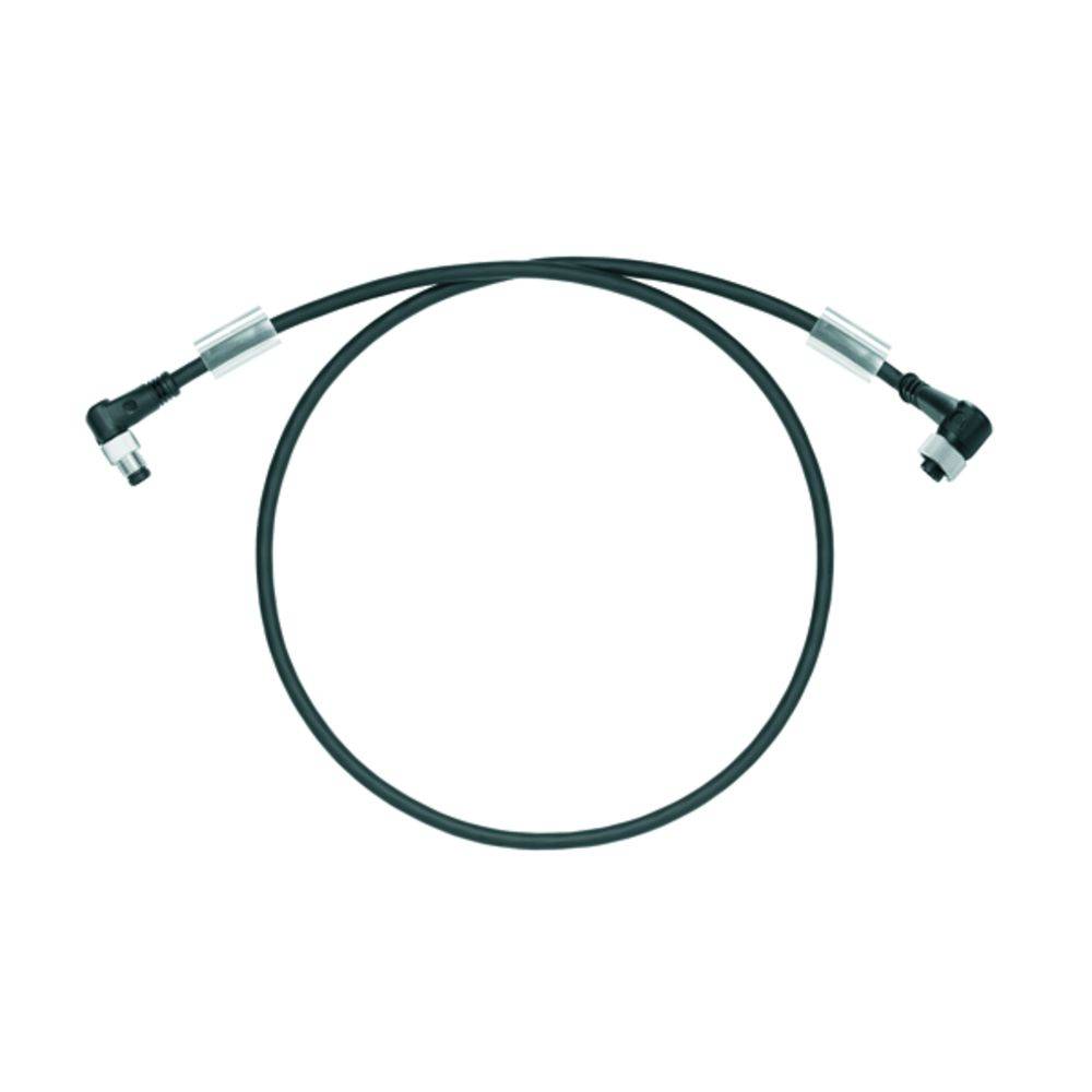 Ein kreisförmiges schwarzes Kabel mit silbernen Anschlüssen an beiden Enden.