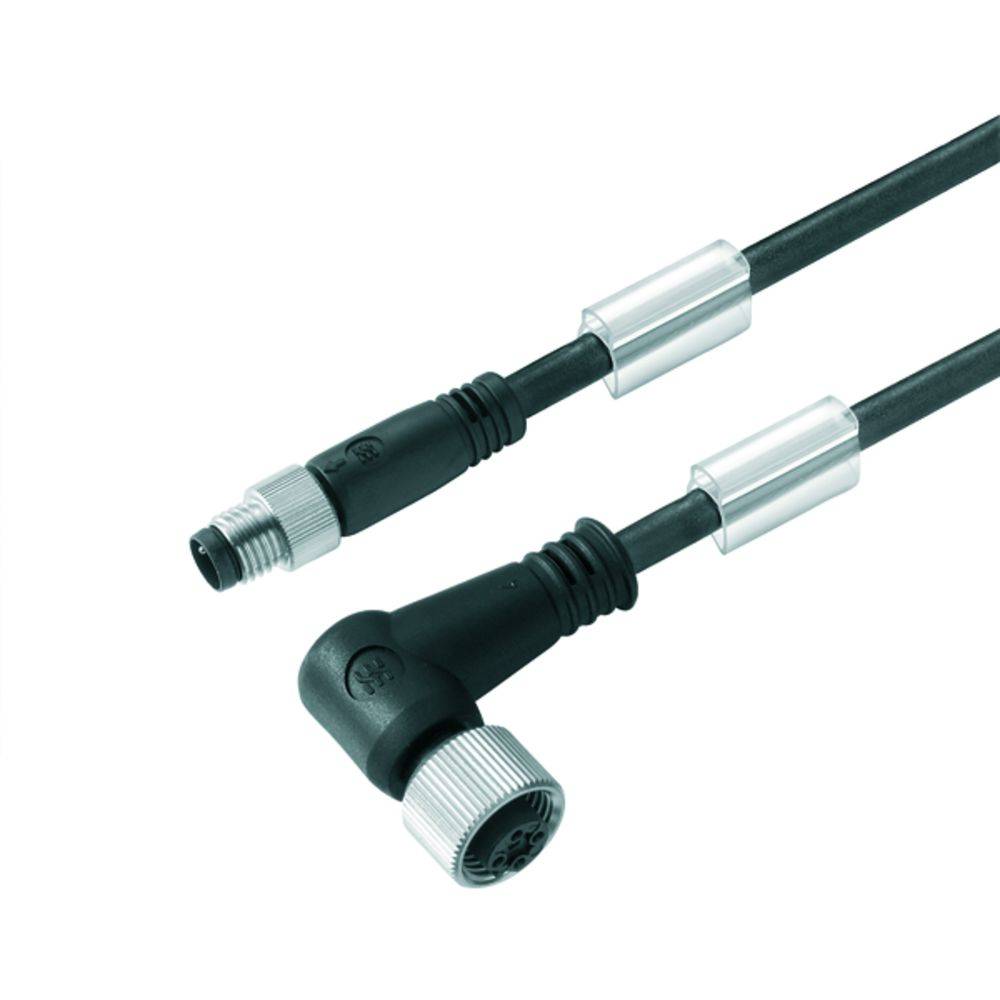 Ein L-förmiges Kabel mit einem M12-Stecker und einer geraden Buchse. Geeignet für industrielle oder technische Anwendungen.