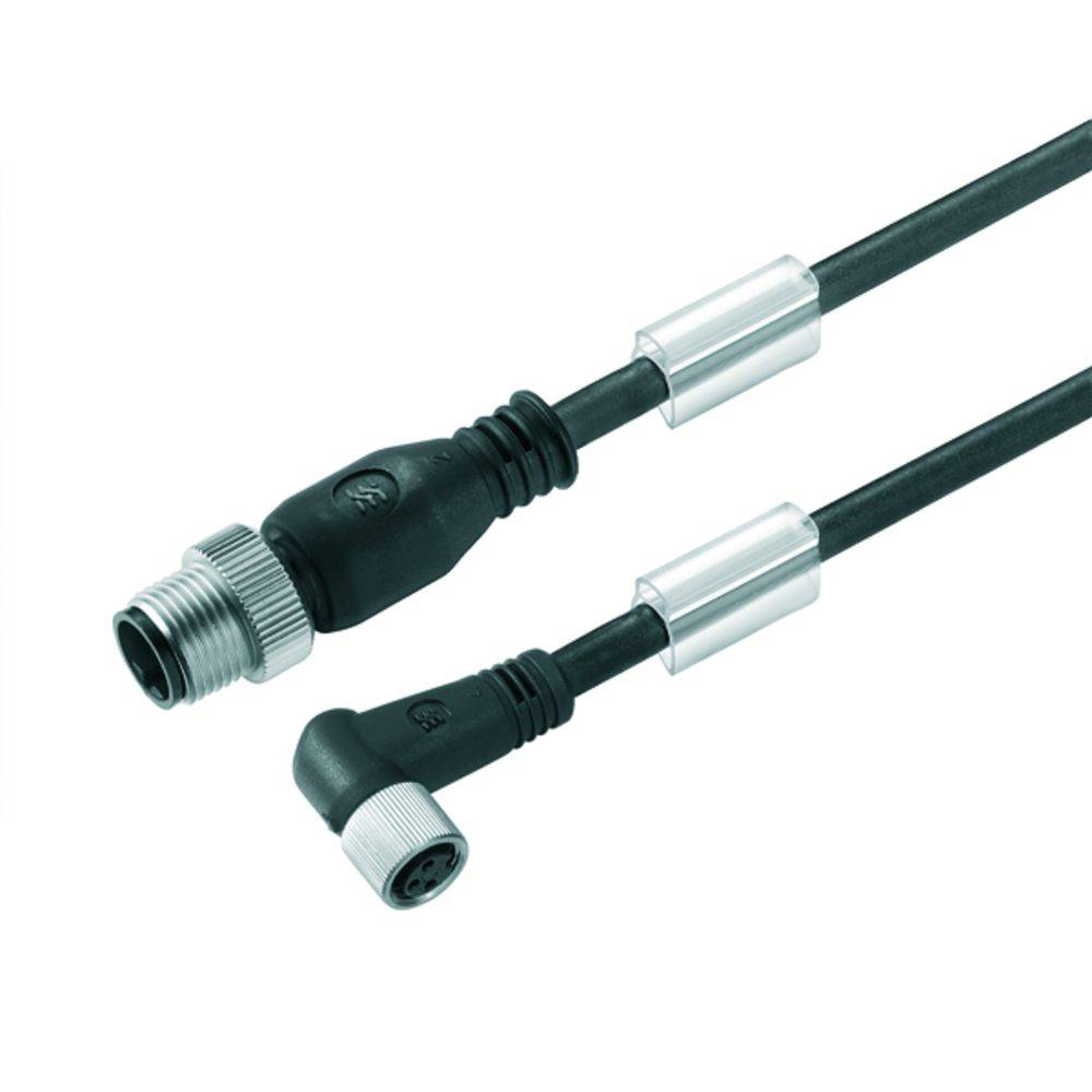 Zwei schwarze elektrische Steckverbinder mit Metallgewinden und Kabeln, die für industrielle Anwendungen geeignet sind.