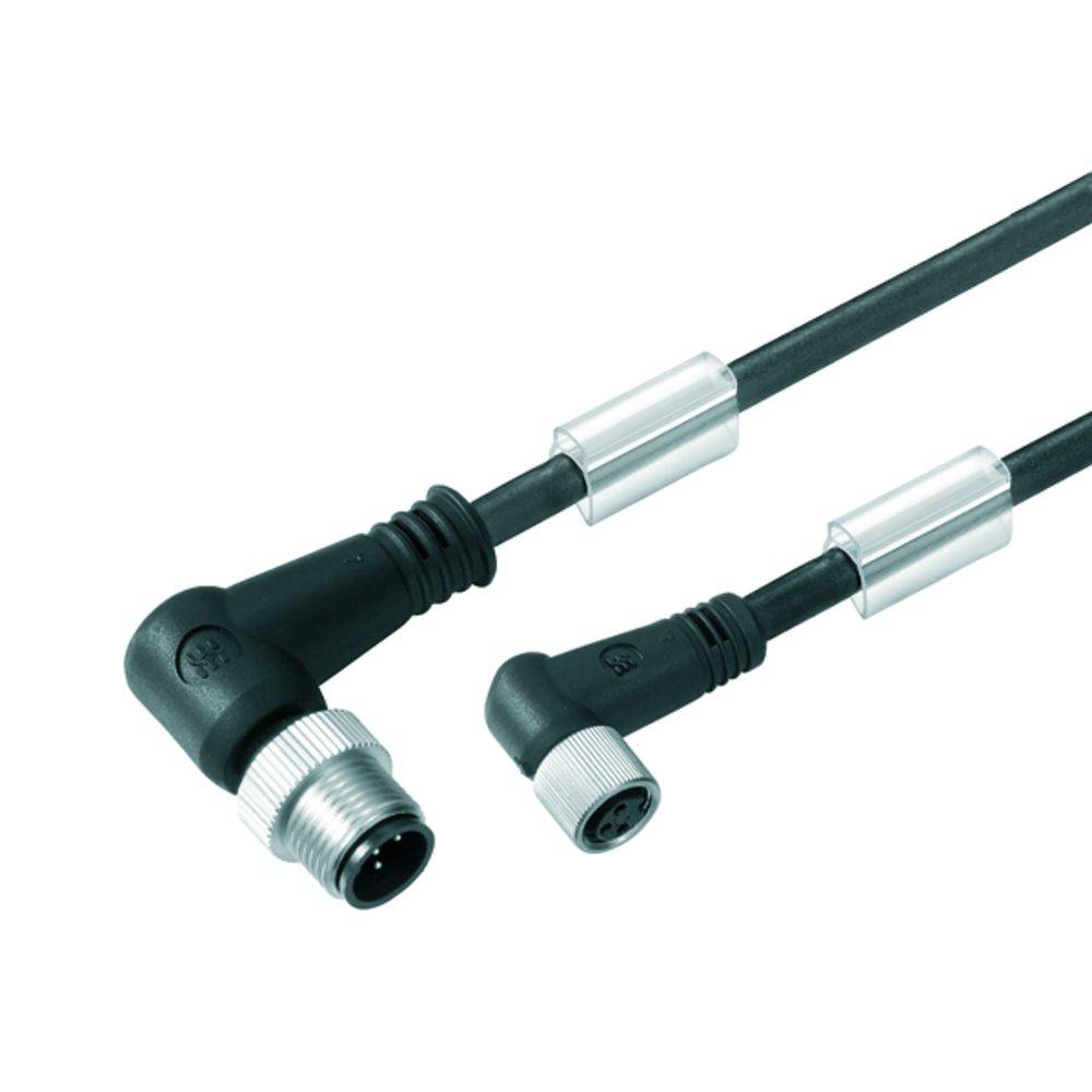 Ein schwarzes elektrisches Kabel mit zwei Steckverbindern. Einer ist rechtwinklig, der andere gerade, beide mit Metallgehäusen.