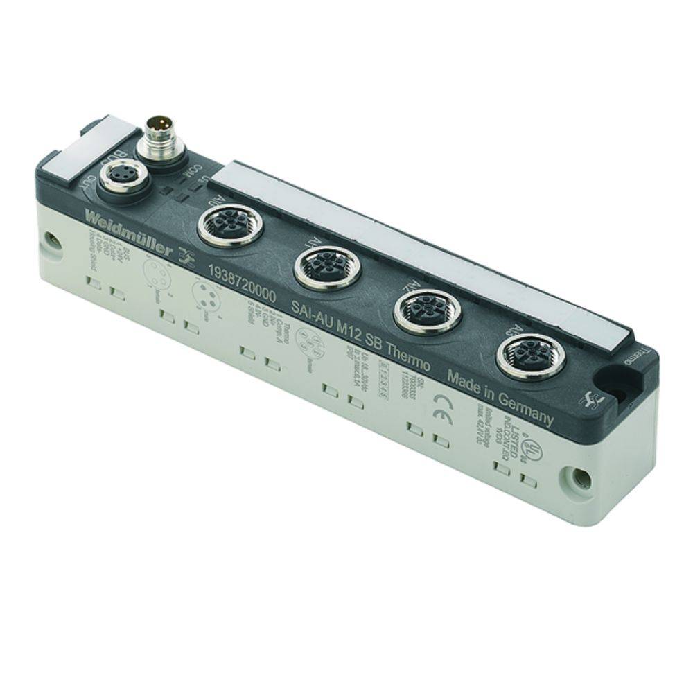 'Weidmüller SAI-AU M12 SB Thermo' industrielle Verteilerbox, grau und schwarz, mit mehreren M12-Steckverbindern und einer goldenen Buchse.
