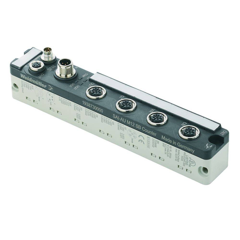 Ein Weidmüller SAIAU M12 SB-Zähler, ein elektronisches Gerät zur industriellen Verbindung mit mehreren Anschlussbuchsen.