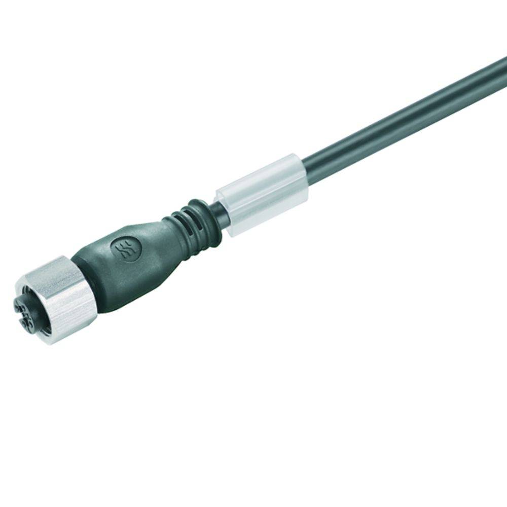 Ein schwarzes Kabel mit einem metallischen Anschluss auf weißem Hintergrund.