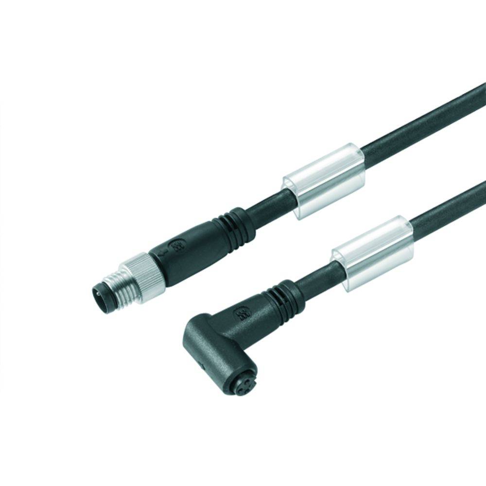 Zwei schwarze, gewinkelte Kabel mit silbernen Steckverbindern, die für elektrische Verbindungen in technischen Geräten verwendet werden können.