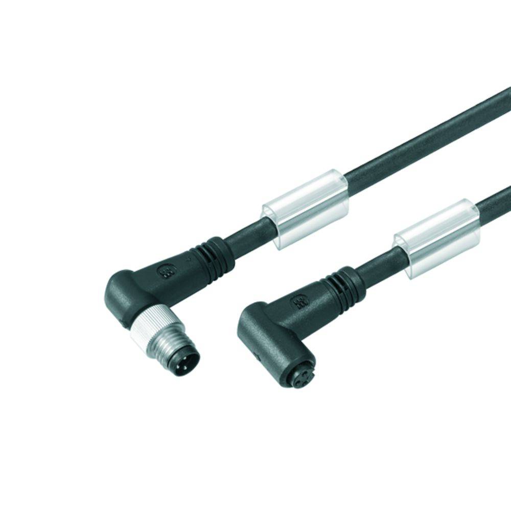 Zwei schwarze, rechtwinklige Steckverbinder an einem Kabel mit Metallverbindungen, vor weißem Hintergrund. Sie dienen zur elektrischen Verbindung.