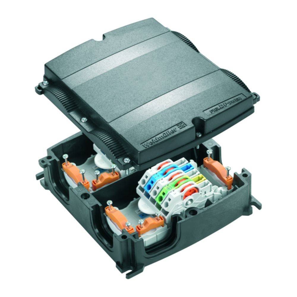 Eine geöffnete elektrische Anschlussdose mit farbcodierten Steckverbindern und Drähten, geeignet für Installationen im Freien.