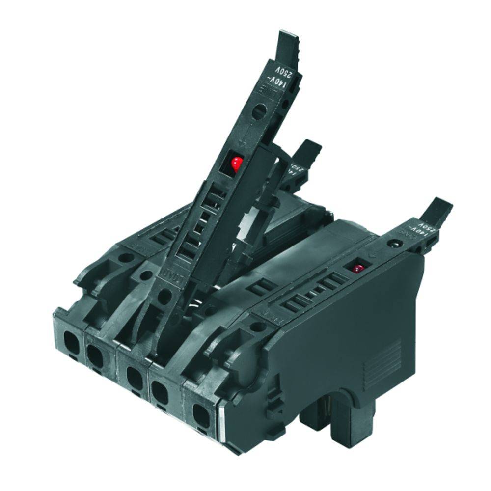 Ein dreipoliger Leistungsschalter mit Hebeln, die nach oben zeigen. Für elektrische Schaltsysteme verwendet.