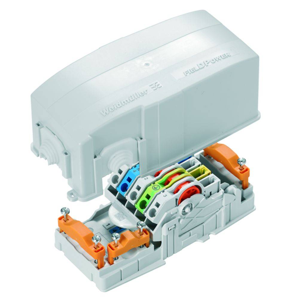 Elektrischer Anschlusskasten geöffnet, zeigt farbcodierte Kabel und Anschlüsse. Gehäuse in Grau, zeigt Details der Verkabelungstechnologie.