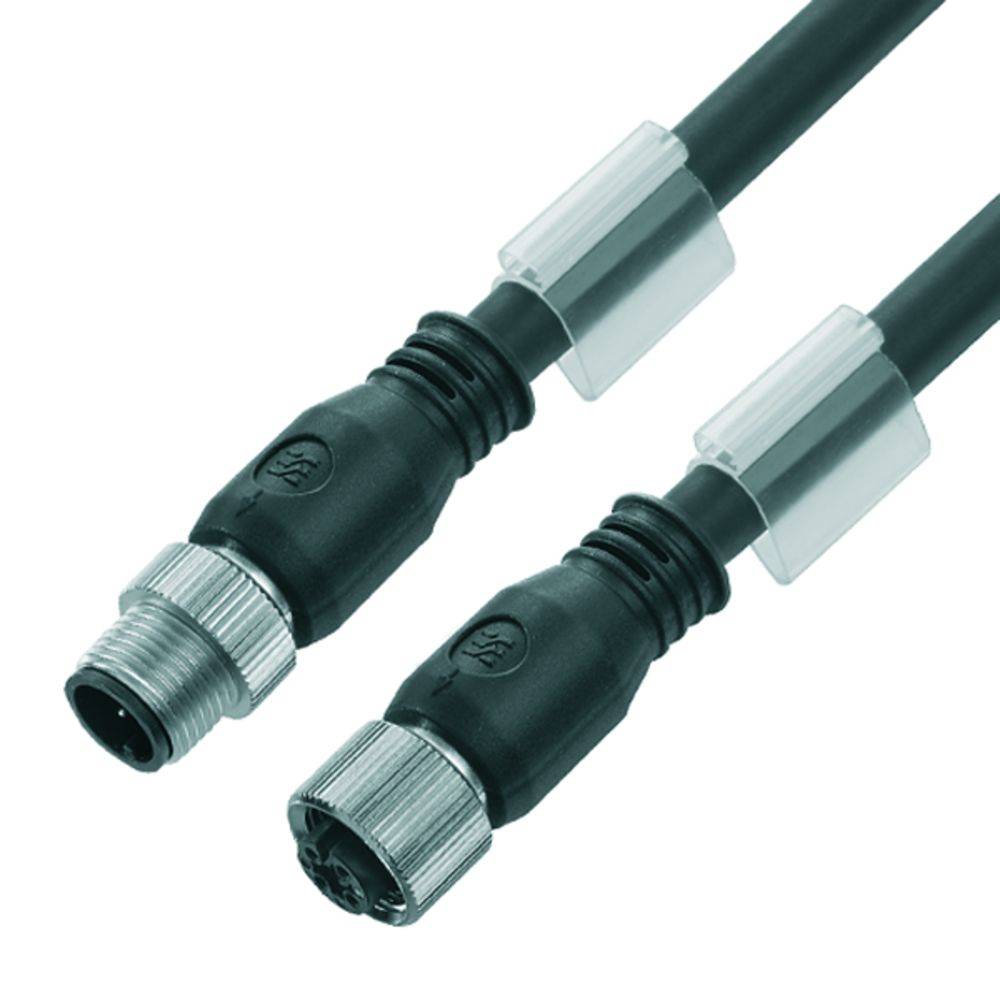 Zwei schwarze, robuste Kabel mit Metallsteckern an den Enden, die für industrielle oder technische Anwendungen bestimmt sind.